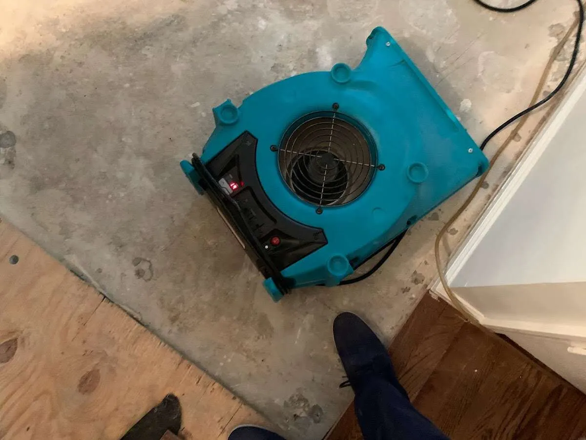 Air mover drying subfloor during Leak Detection & Repair in Coal